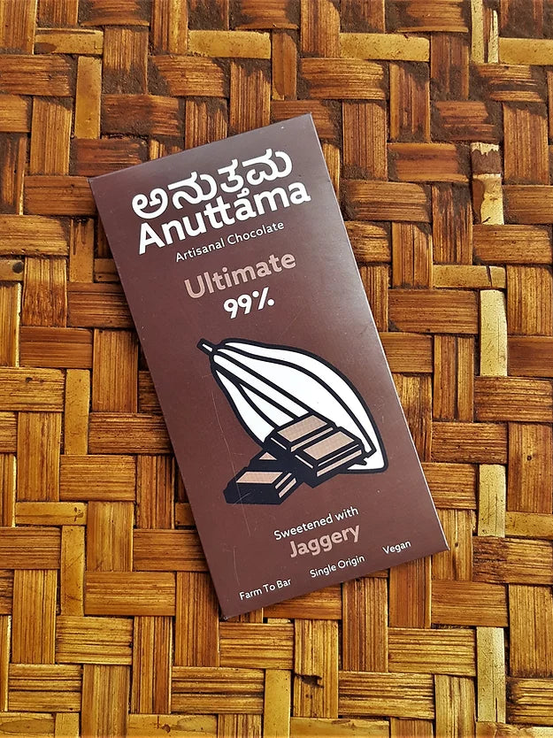 Chocolate | Ultimate Dark (Sweetened With Jaggery) – 99% Cocoa - Farm To Bar – Single Origin – Vegan, No Added Preservatives &amp; No Added Artificial Flavours – Anuttama Artisanal Chocolate – 50gm
