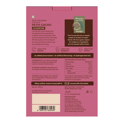Chocolate | 99.5% Cocoa Extra Bitter Dark Chocolate - Couverture- Made in Kerala from Single - Origin Cocoa – Vegan -No Vegetable Oil, No Artificial Flavours- Cocoacraft – 210gm