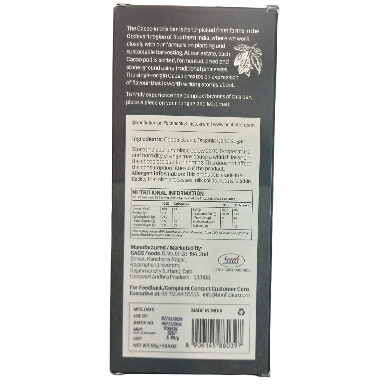 Dark Chocolate | 99% Dark Chocolate (Mini) – An Eclipse Of The Senses – Tree To Bar – Single Origin – 100% Natural – Vegan, Gluten Free, Palm Oil Free, Non GMO, No Artificial Flavour &amp; No Added Preservatives – Bon-Fiction – 55gm