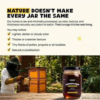 Honey | Super Honey - Raw Forest Honey with Royal Jelly &amp; Bee Propolis- No added sugar, No Added Preservatives -Wellopia- 250gm