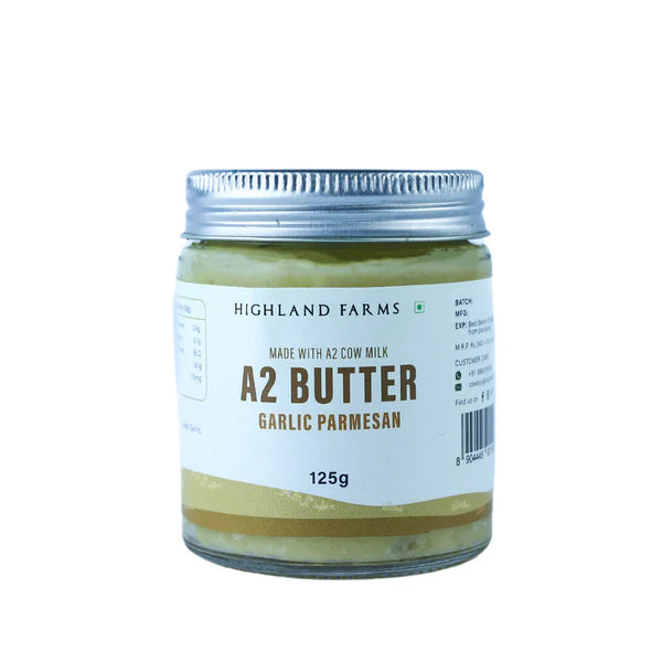 Butter | A2 Butter Garlic Parmesan (Made With A2 Cow Milk) - No Added Preservatives & No Added Artificial Additives - Highland Farms - 125gm