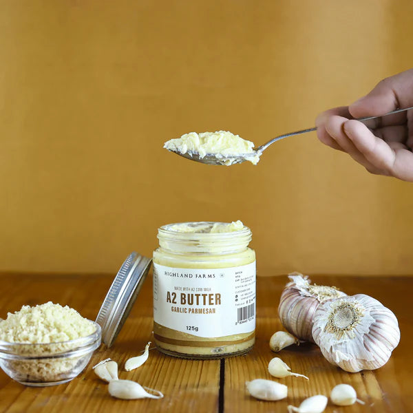 Butter | A2 Butter Garlic Parmesan (Made With A2 Cow Milk) - No Added Preservatives & No Added Artificial Additives - Highland Farms - 125gm