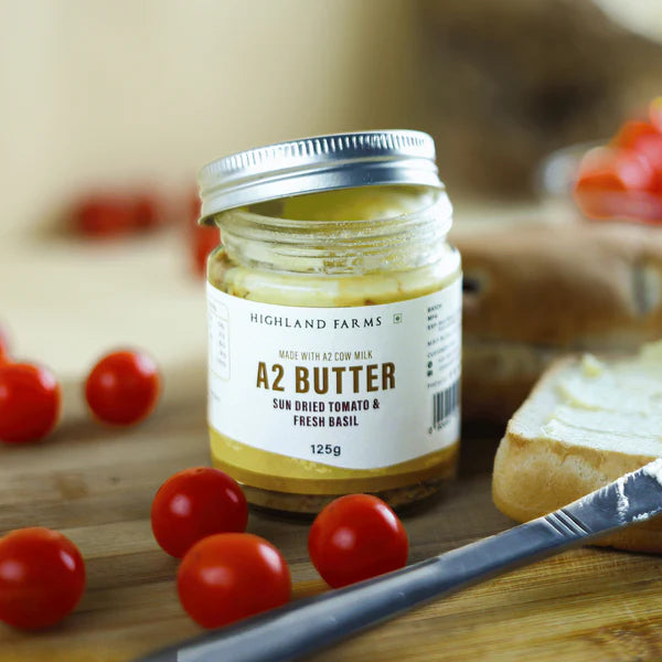 Butter | A2 Butter Sundried Tomato And Basil Leaves (Made With A2 Cow Milk) - No Added Preservatives & No Added Artificial Additives - Highland Farms - 125gm