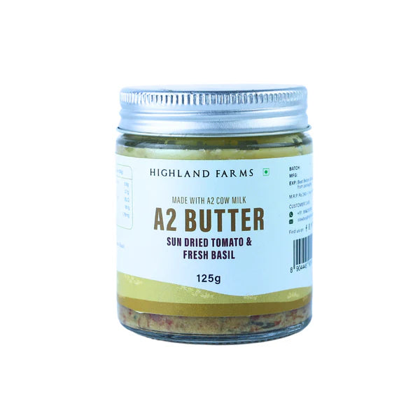 Butter | A2 Butter Sundried Tomato And Basil Leaves (Made With A2 Cow Milk) - No Added Preservatives & No Added Artificial Additives - Highland Farms - 125gm