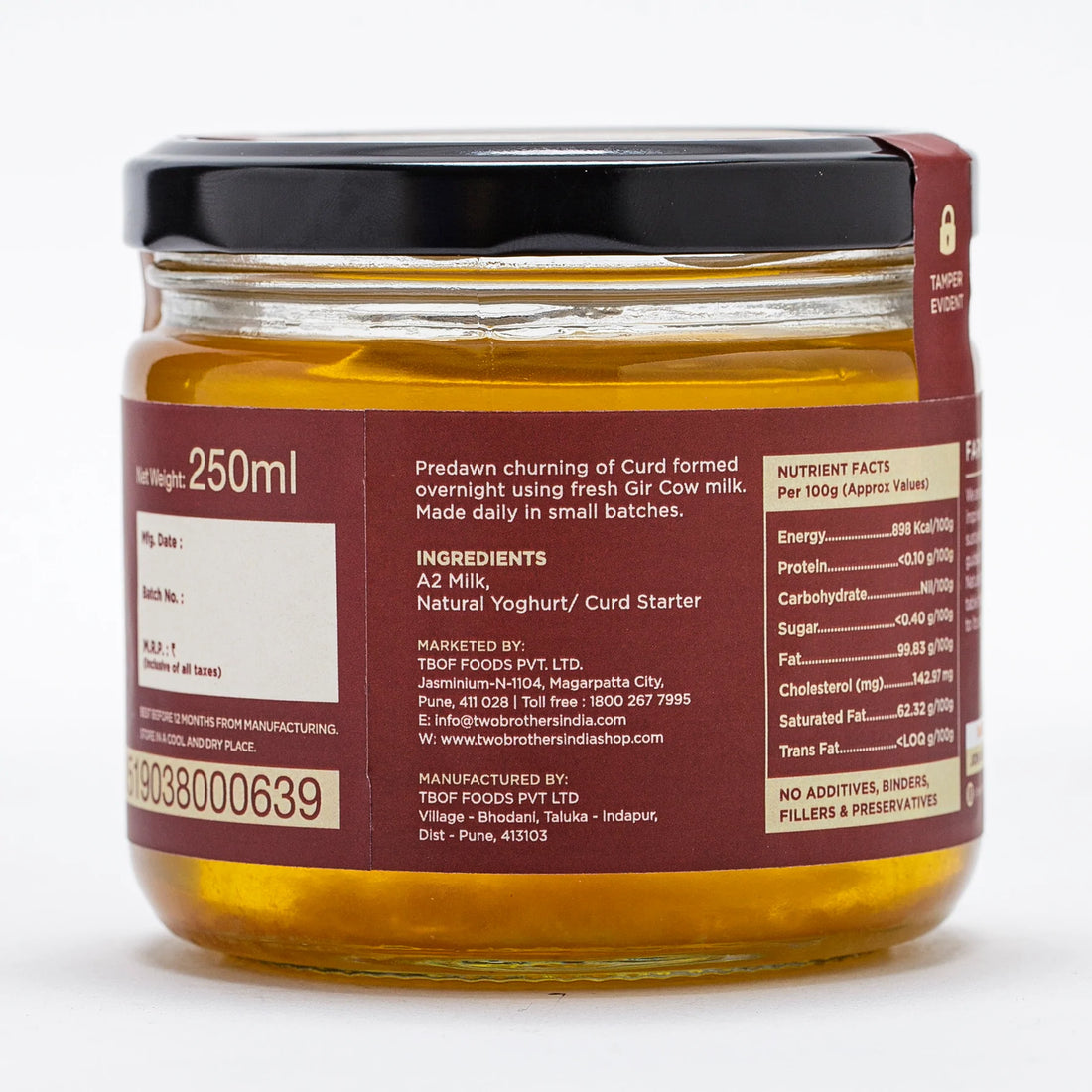Ghee | A2 Cultured Desi Gir Cow Ghee - Free Grazed & Handmade - Natural - Indian - Two Brothers – 250ml