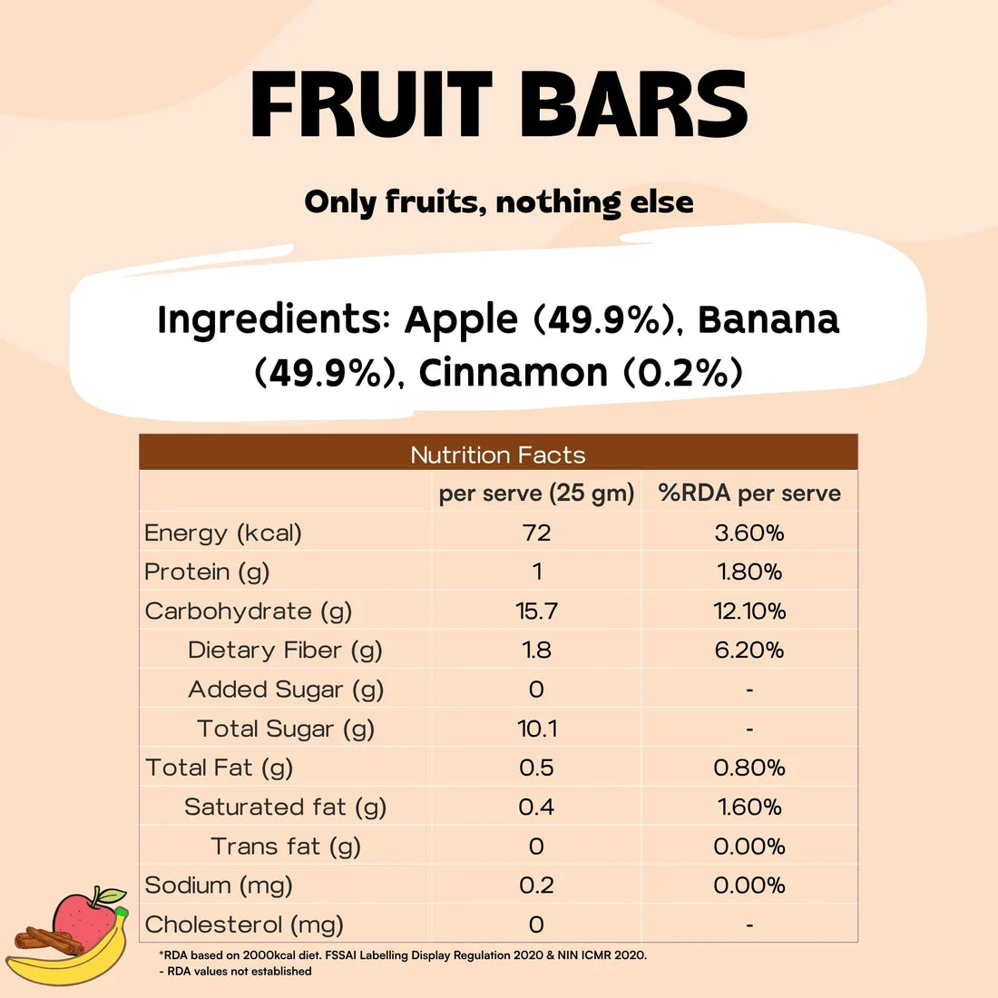 Fruit Bar | Apple Banana Cinnamon Fruit Bar - Vegan, Gluten Free &amp; High Fiber-No Added sugar, No preservatives - Pure Project - 25gm