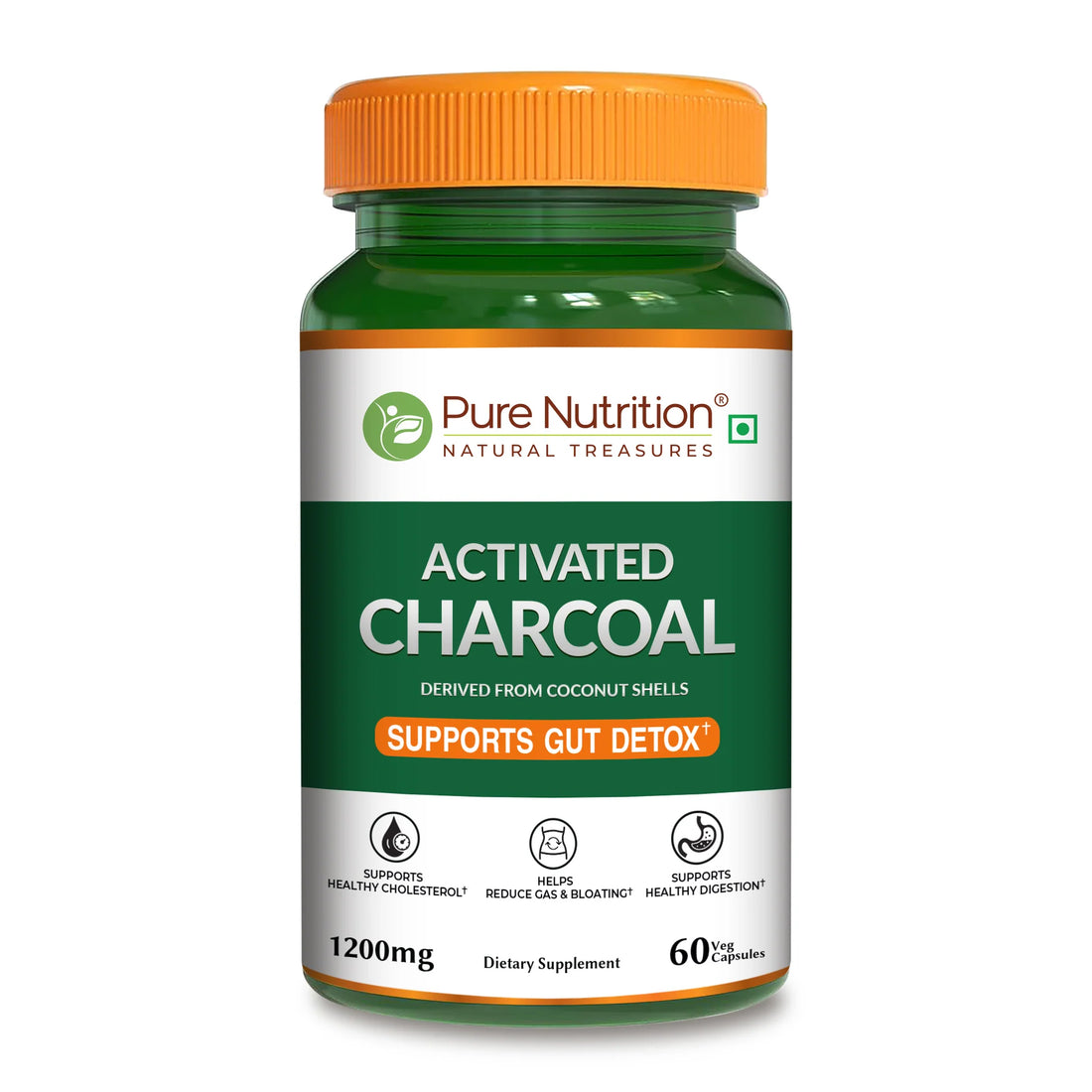 Gut Detox | Activated Charcoal (Supports Gut Detox) -Derived From Coconut Shells-1200mg-Supports Healthy Digestion – Improve  Digestive Environment -Free from Added Preservatives or Artificial Colors - Pure Nutrition - 60N Veg Capsules