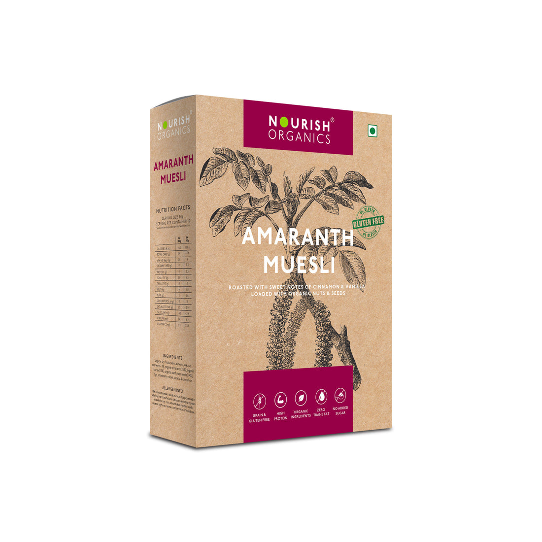 Amaranth Muesli - Gluten Free, No Added Sugar, High Protein, Low Calorie & Lactose Free – Nourish Organics - 300gm