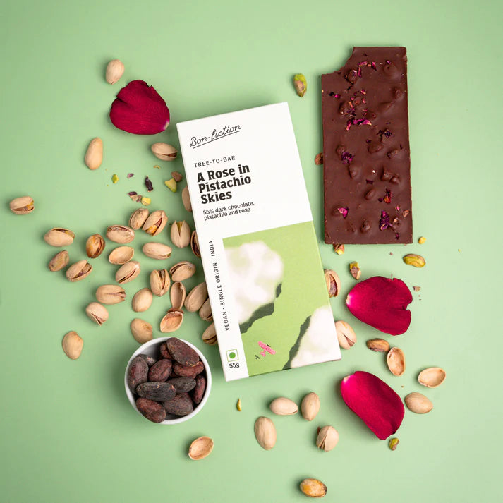 Dark Chocolate | 55% Dark Rose Pistachio Chocolate – A Rose In Pistachio Skies – Tree To Bar – Single Origin – 100% Natural – Vegan, Gluten Free, Palm Oil Free, Non GMO, No Artificial Flavour &amp; No Added PreservativesVegan – Bon-Fiction – 55gm