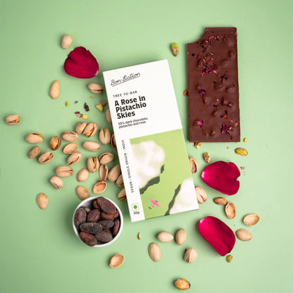 Dark Chocolate | 55% Dark Rose Pistachio Chocolate – A Rose In Pistachio Skies – Tree To Bar – Single Origin – 100% Natural – Vegan, Gluten Free, Palm Oil Free, Non GMO, No Artificial Flavour &amp; No Added PreservativesVegan – Bon-Fiction – 55gm