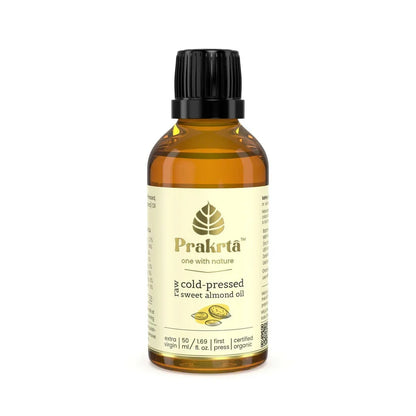 Oil | Raw Cold Pressed Sweet Almond Oil - 100% edible, natural, certified organic - No Added Preservatives -Prakrta- 50ml