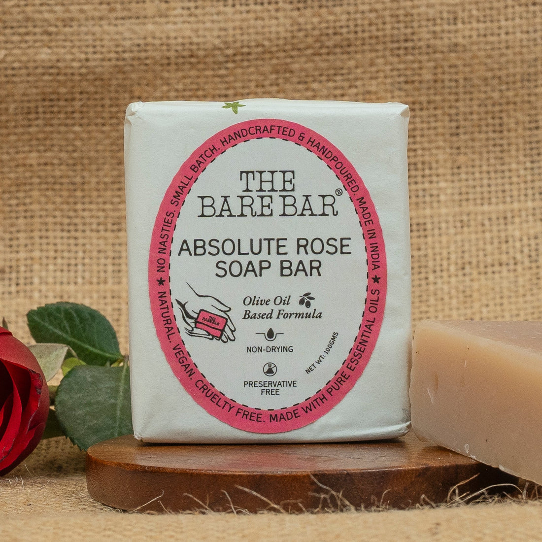 Soap | Absolute Rose - Olive Oil Based Formula - No Artificial Fragrances, Parabens Free & No Added Preservatives - The Bare Bar – 100gm