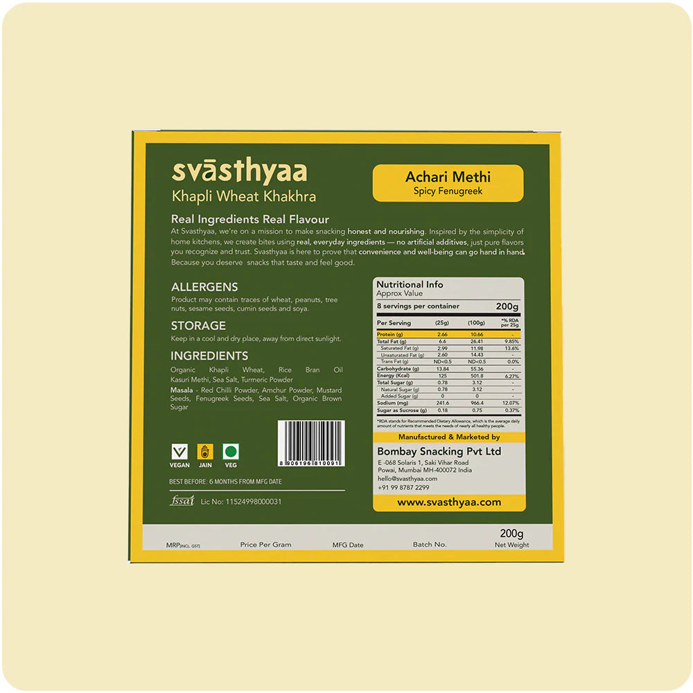 Khakhra | Achari Methi I Khapli Wheat Khakhra – Roasted – Vegan, Jain Friendly, No Maida &amp; Low Gi – Svasthyaa – 200gm