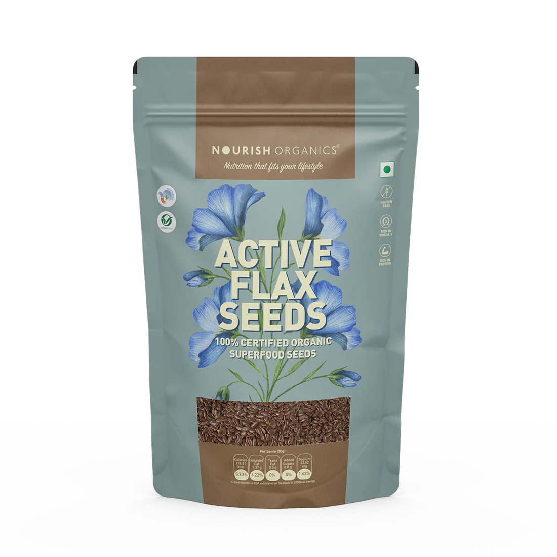 Flax Seeds  | Active Flax Seeds - Ideal For Baking - High In Omega 3 &amp; No Added Preservatives - Nourish Organics - 500gm