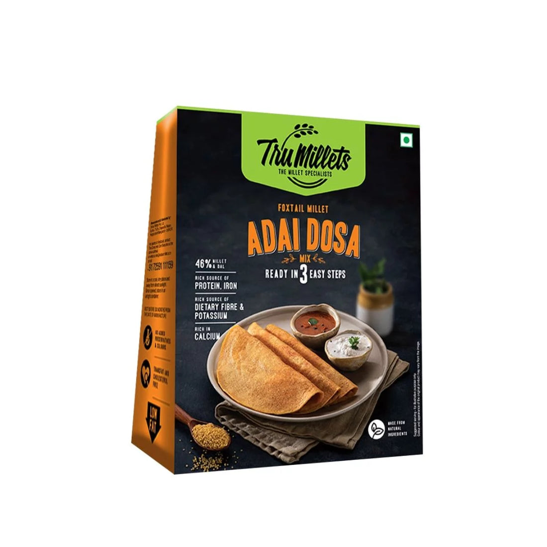 Adai Dosa - 46% Millet & Dal – Natural – Indian – Rich Source Of Protein, Dietary Fibre, Rich Source of Calcium, Potassium, Iron, Zero Trans Fat, Cholesterol Free, Low Glycaemic Index & Keto Friendly - TruMillets - 250gm