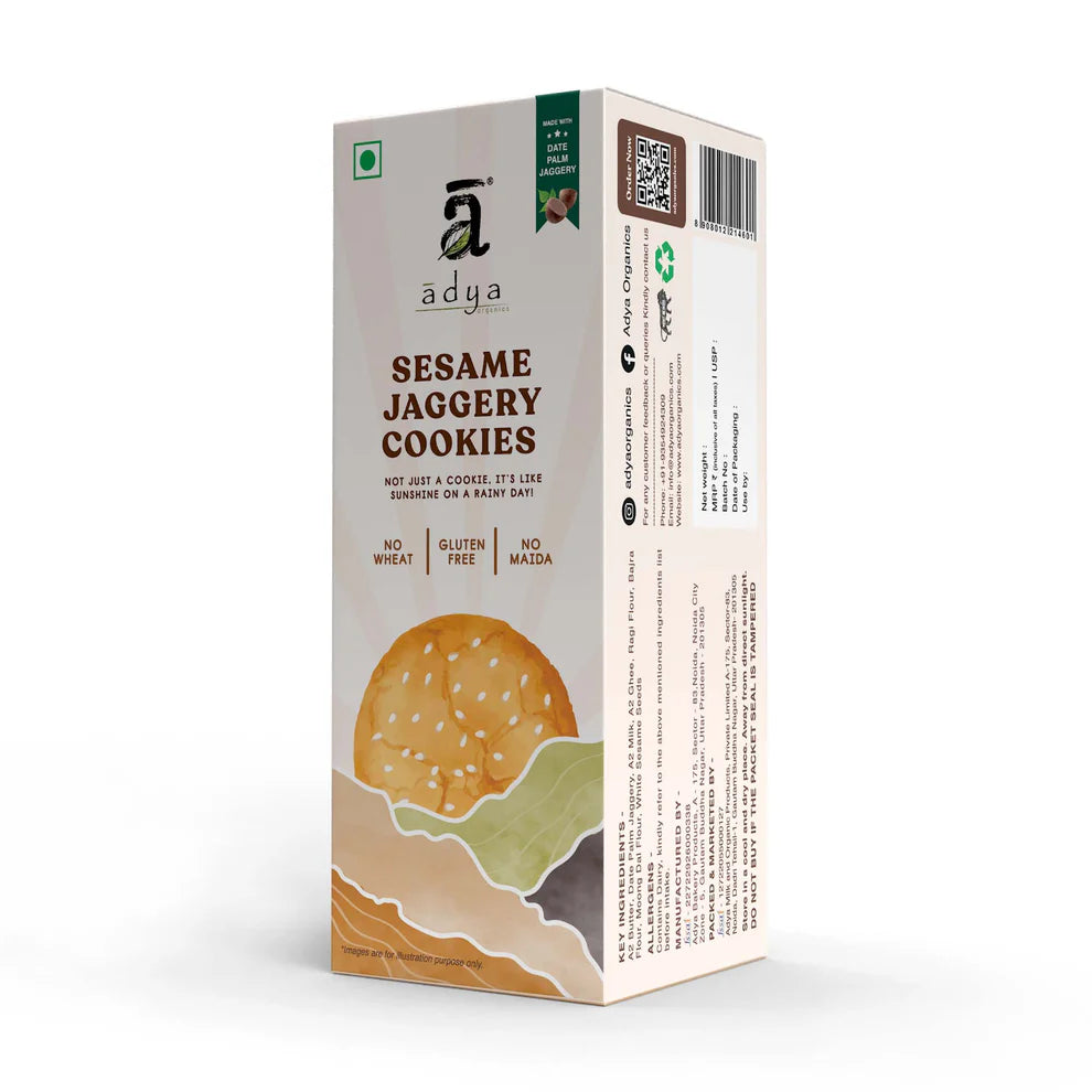 Cookies | Sesame Jaggery Cookies - Gluten Free, No Wheat, No Maida, Preservatives Free & No Additives, Fillers, Binders & No Refined Sugar - Adya Organic - 100gm
