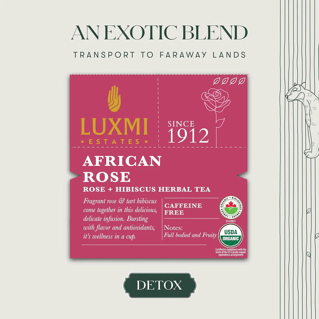 Tea | African Rose (Rose Hibiscus Herbal Tea) - Fruity Flavor - USDA Organic - Caffeine Free - Luxmi Estates - 25 Tea Bag