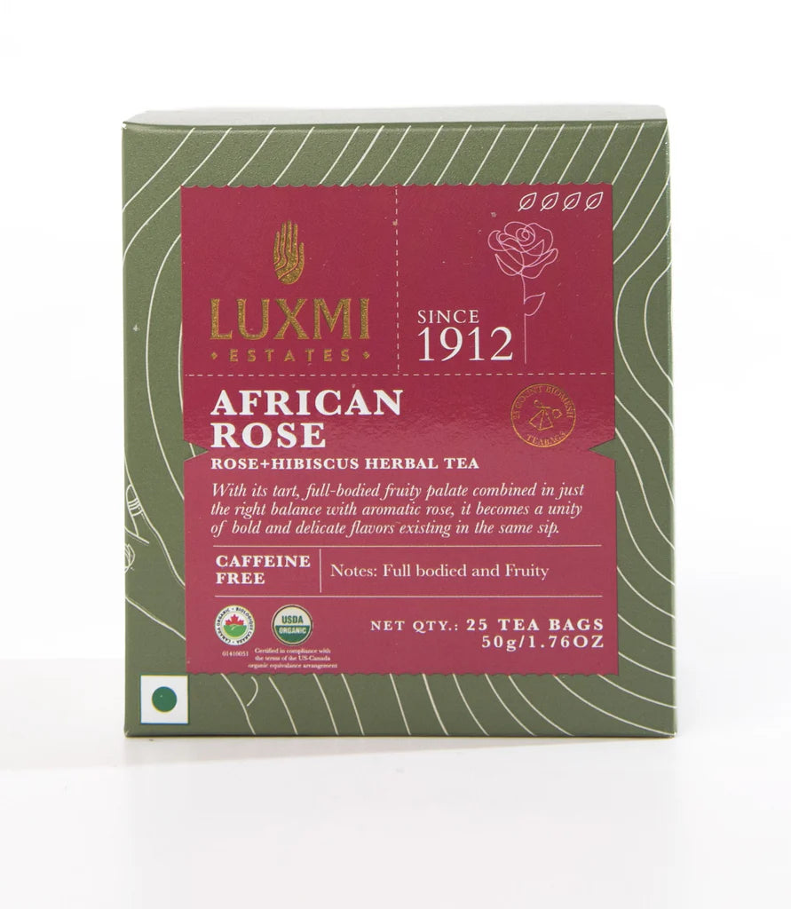 Tea | African Rose (Rose Hibiscus Herbal Tea) - Fruity Flavor - USDA Organic - Caffeine Free - Luxmi Estates - 25 Tea Bag