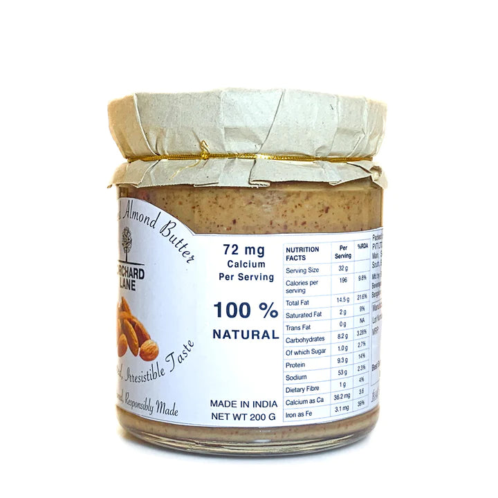 Almond Butter | Unsweetened - Vegan, Gluten Free, No Added Oil &amp; No Preservatives - Orchard Lane - 200gm