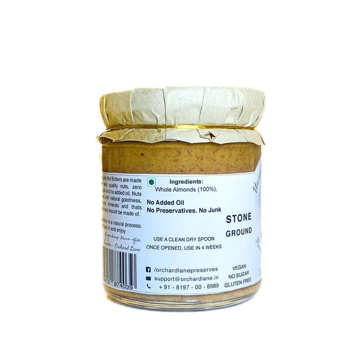 Almond Butter | Unsweetened - Vegan, Gluten Free, No Added Oil &amp; No Preservatives - Orchard Lane - 200gm