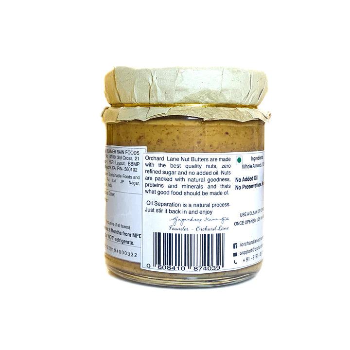 Almond Butter | Unsweetened - Vegan, Gluten Free, No Added Oil &amp; No Preservatives - Orchard Lane - 200gm
