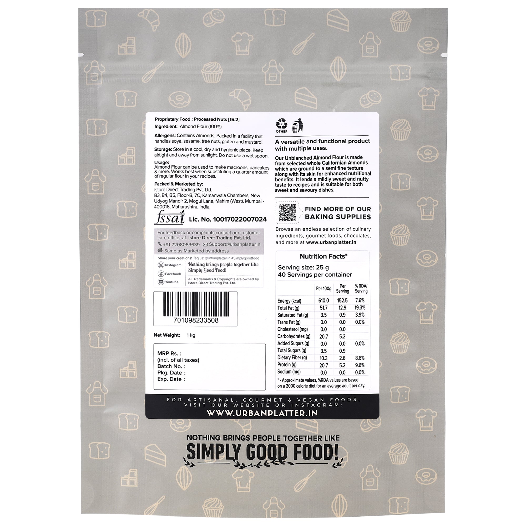 Almond Flour  | California - Unblanched (With Skin) - Baking Essentials - Gluten Free - Urban Platter - 1000gm
