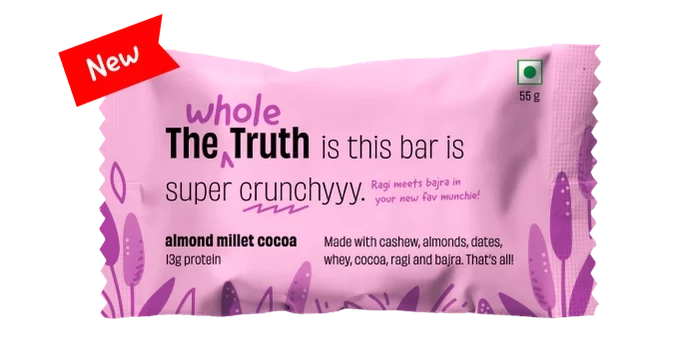 Bar | Almond Millet Cocoa (Made With Cashew, Almonds, Dates, Whey, Cocoa, Ragi And Bajra) – 13g Protein – Crunchy – Gluten Free, No Added Sugar, No Added Preservatives, Flavors, Color &amp; No Added Artificial Sweeteners – The Whole Truth – 55gm