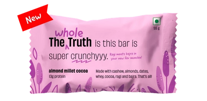 Bar | Almond Millet Cocoa (Made With Cashew, Almonds, Dates, Whey, Cocoa, Ragi And Bajra) – 13g Protein – Crunchy – Gluten Free, No Added Sugar, No Added Preservatives, Flavors, Color &amp; No Added Artificial Sweeteners – The Whole Truth – 55gm