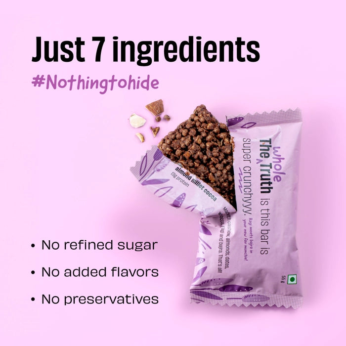 Bar | Almond Millet Cocoa (Made With Cashew, Almonds, Dates, Whey, Cocoa, Ragi And Bajra) – 13g Protein – Crunchy – Gluten Free, No Added Sugar, No Added Preservatives, Flavors, Color &amp; No Added Artificial Sweeteners – The Whole Truth – 55gm