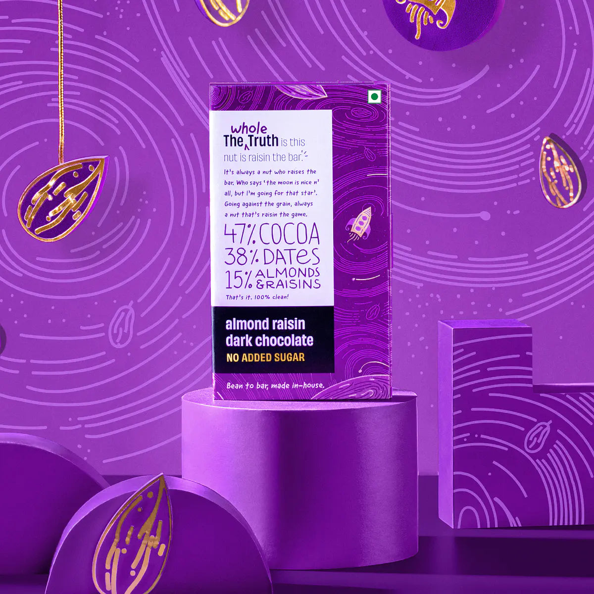 Almond Raisin Dark Chocolate – 47% Cocoa, 38% Dates, 15% Almond &amp;amp; Raisin - Natural - Indian - No Added Sugar, No Stevia, Maltitol &amp;amp; No Erythritol - The Whole Truth – 80gm