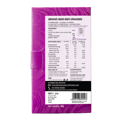 Almond Raisin Dark Chocolate – 47% Cocoa, 38% Dates, 15% Almond &amp;amp; Raisin - Natural - Indian - No Added Sugar, No Stevia, Maltitol &amp;amp; No Erythritol - The Whole Truth – 80gm