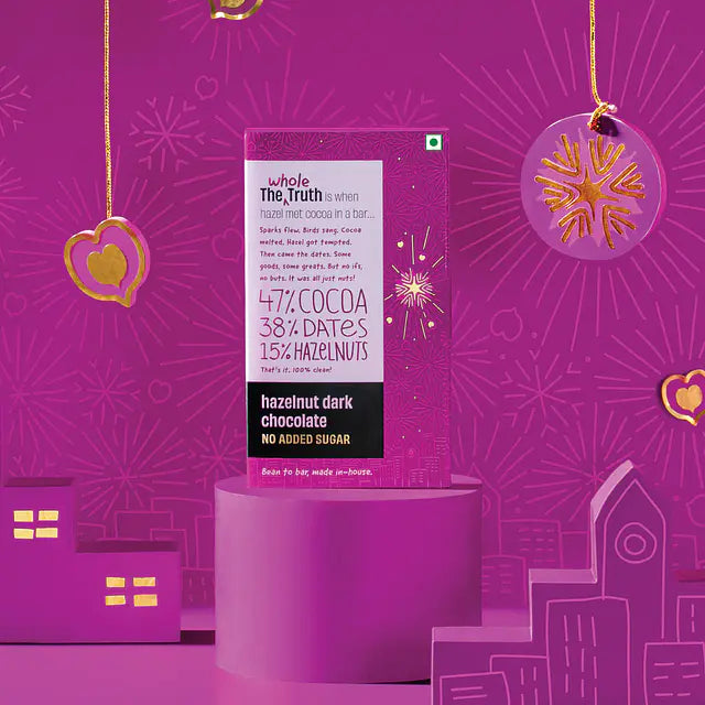 Dark Chocolate | Hazelnut – 47% Cocoa, 38% Dates, 15% Hazelnut - Natural - Indian - No Added Sugar, No Stevia, Maltitol &amp;amp; No Erythritol - The Whole Truth – 80gm