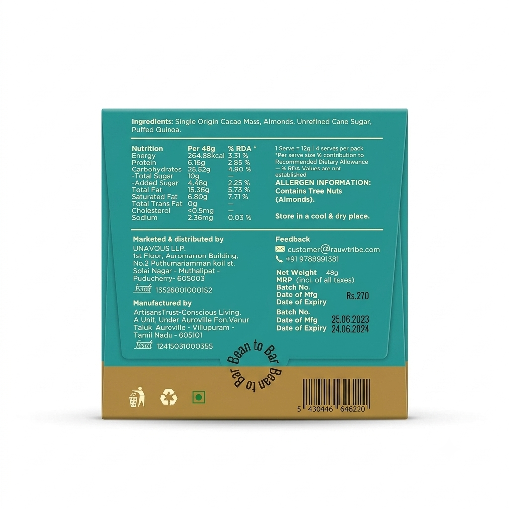 Chocolate | Almond Chocolate Bars (Crunchy Quinoa)- 100% Plant Based  - No  Preservative, artificial flavors or emulsifiers - Rauw - 48gm