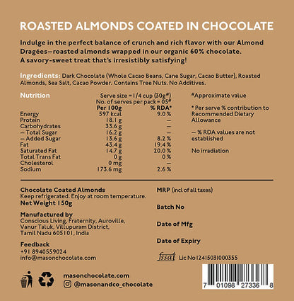 Chocolate | Chocolate Coated Almond Dragées - Pure &amp; Natural - Plant Based - No Additives - Mason &amp; Co - 150gm