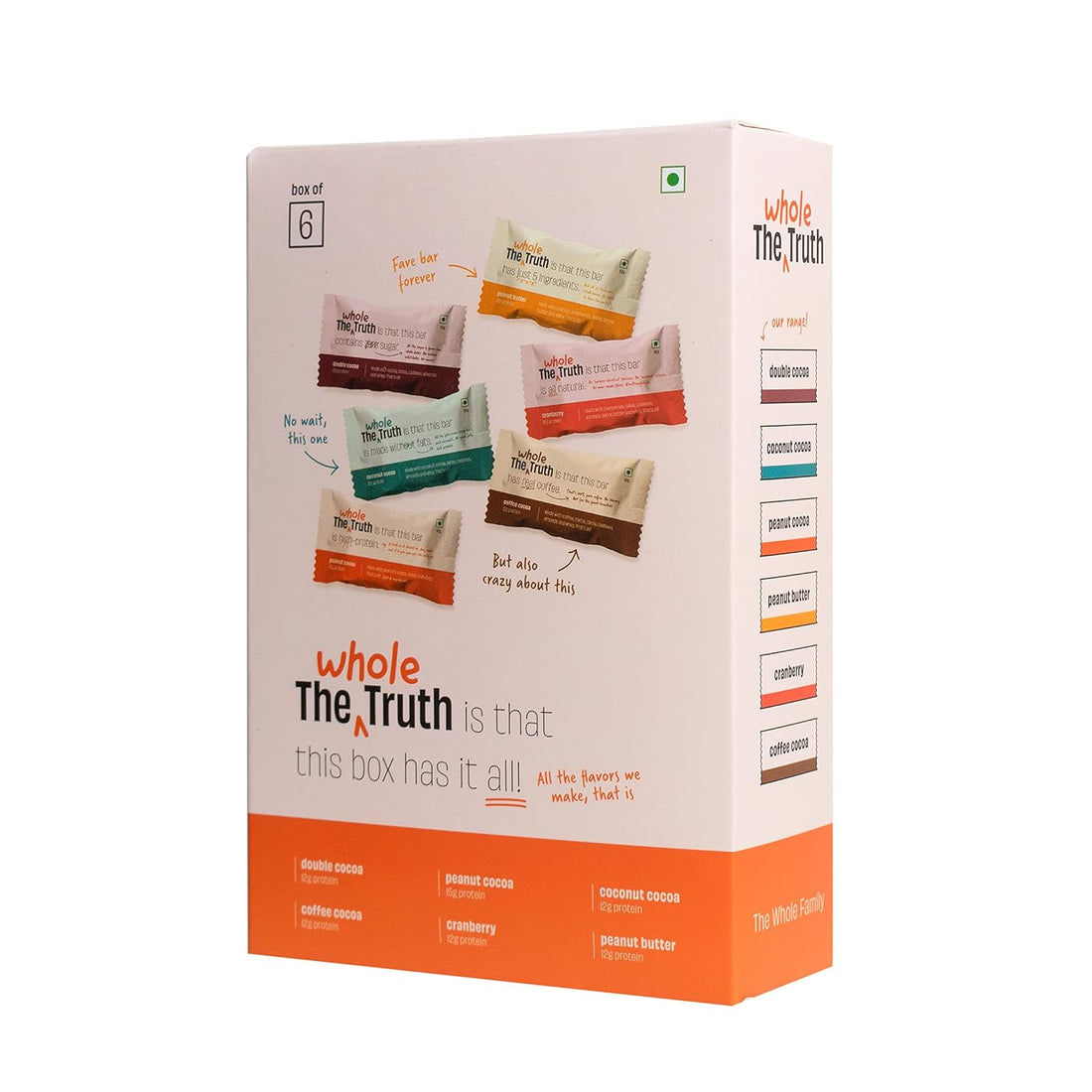 Protein Bars | Gluten Free, No Added Sugar, Preservatives, Flavours, Colours &amp; No Artificial Sweetener - The Whole Truth  - Box Of 52gm x 6