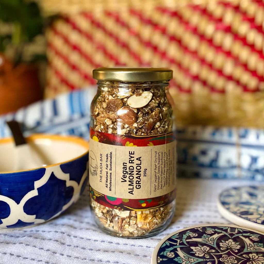 Granola | Almond Rye Granola (With Banana &amp; Apple) - All Natural - Vegan, Dairy Free, Honey Free &amp; No Added Preservatives - The Huda Bar - 250gm