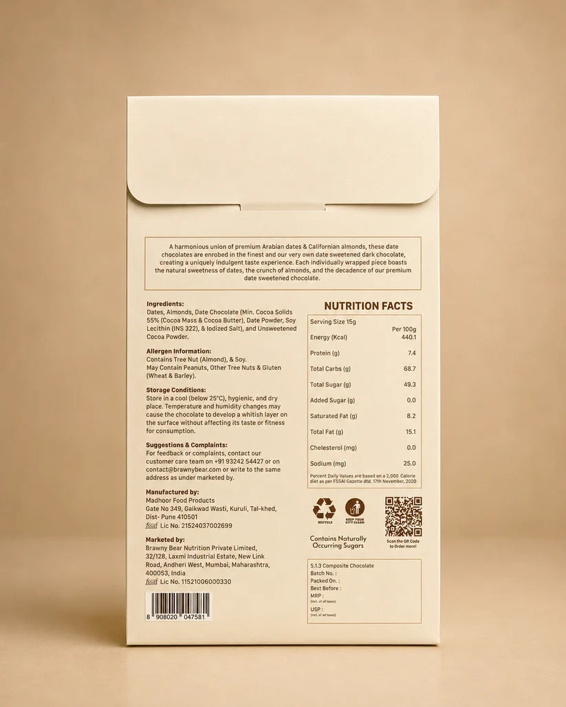 Almond Chocolate Coated Date ( 55% dark chocolate)  -Real Chocolate -100% Vegan and Gluten-free -No refined sugar, No Added Sugar &amp;amp; No Preservatives - Brawny Bear - 100gm