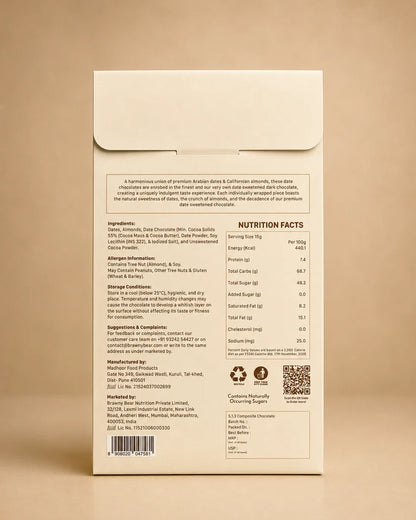 Almond Chocolate Coated Date ( 55% dark chocolate)  -Real Chocolate -100% Vegan and Gluten-free -No refined sugar, No Added Sugar &amp;amp; No Preservatives - Brawny Bear - 100gm