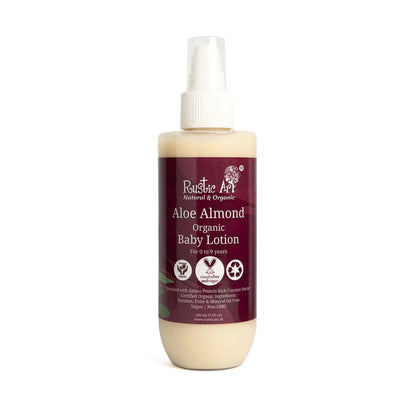 Baby Lotion | Aloe Almond Baby Lotion (Enriched With Amino Protein Coconut Nectar) - For 0 To 9 Years - Vegan, Non GMO, Paraben Free &amp;amp; No Added Mineral Oil - Rustic Art - 200ml