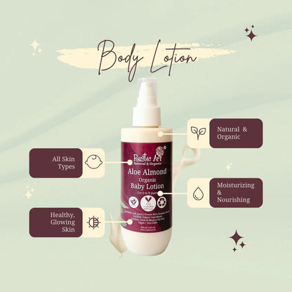 Baby Lotion | Aloe Almond Baby Lotion (Enriched With Amino Protein Coconut Nectar) - For 0 To 9 Years - Vegan, Non GMO, Paraben Free &amp;amp; No Added Mineral Oil - Rustic Art - 200ml