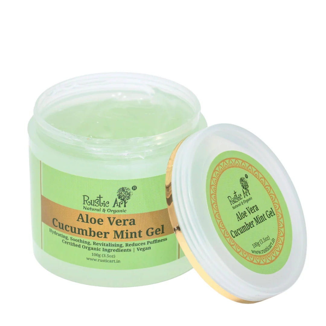 Gel | Aloe Vera Cucumber Mint Gel - Hydrating, Soothing, Revitalising, Reduces, Puffiness - Certified Organic Ingredients - Vegan - Rustic Art – 100gm