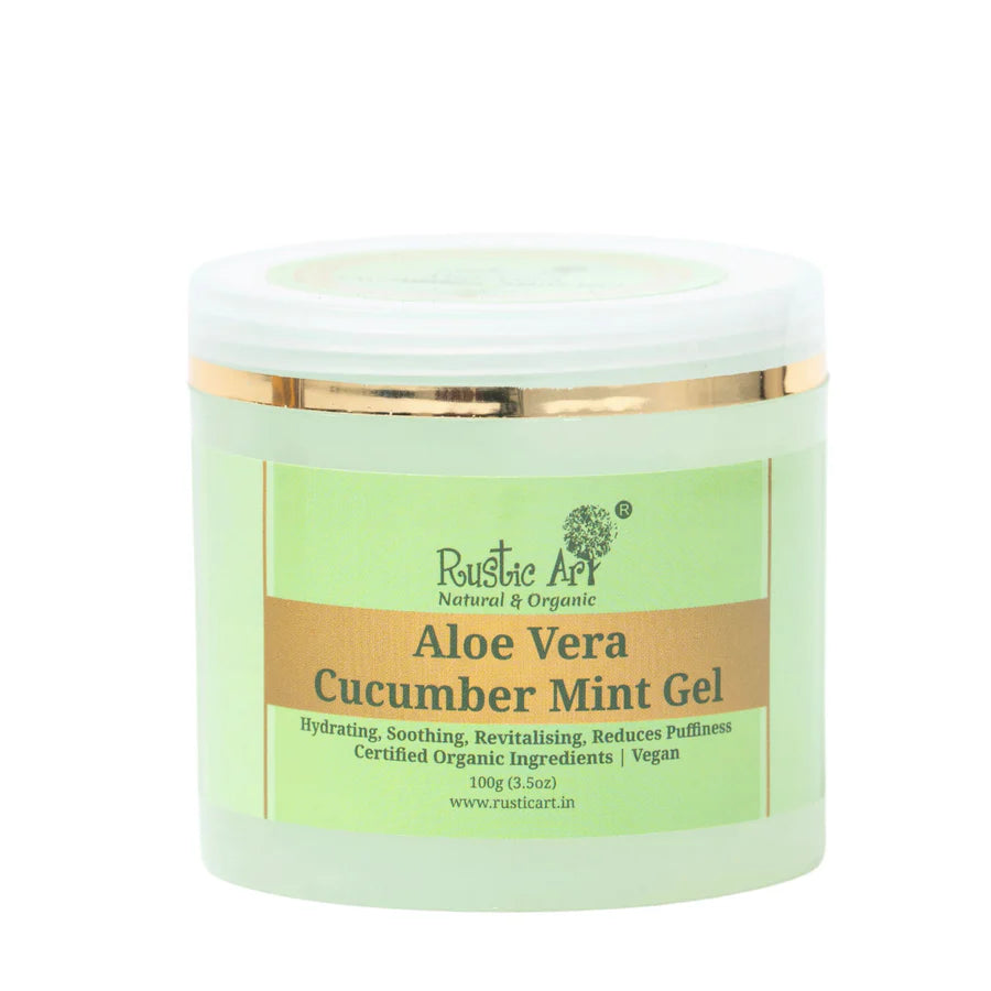 Gel | Aloe Vera Cucumber Mint Gel - Hydrating, Soothing, Revitalising, Reduces, Puffiness - Certified Organic Ingredients - Vegan - Rustic Art – 100gm