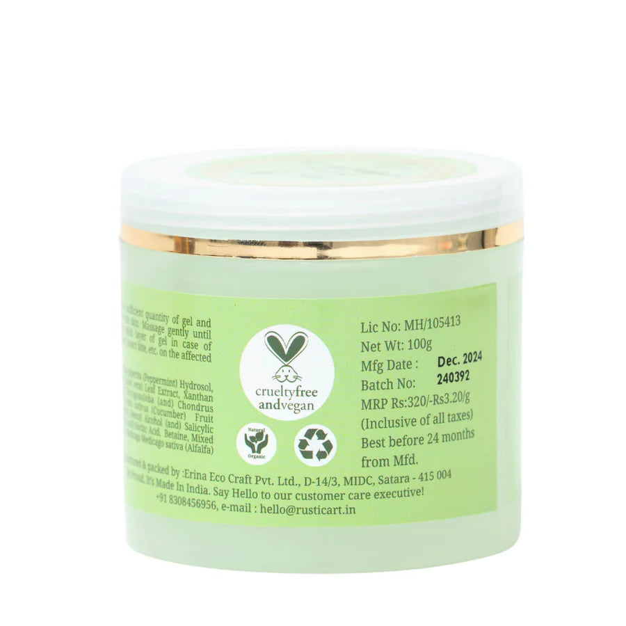 Gel | Aloe Vera Cucumber Mint Gel - Hydrating, Soothing, Revitalising, Reduces, Puffiness - Certified Organic Ingredients - Vegan - Rustic Art – 100gm