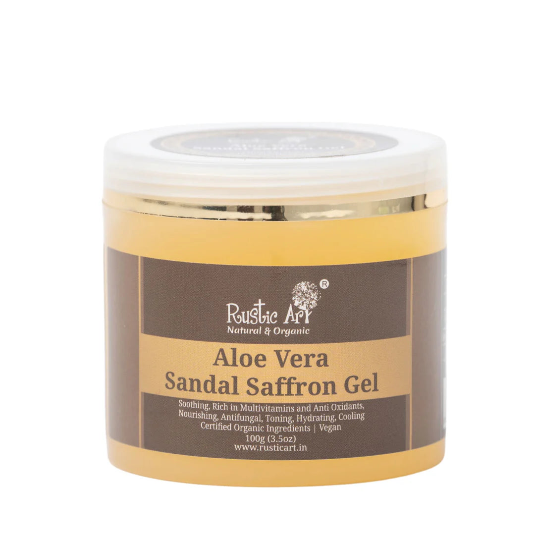 Aloe Vera Sandal Saffron Gel - Natural &amp; Organic - Vegan - Rustic Art - 100gm
