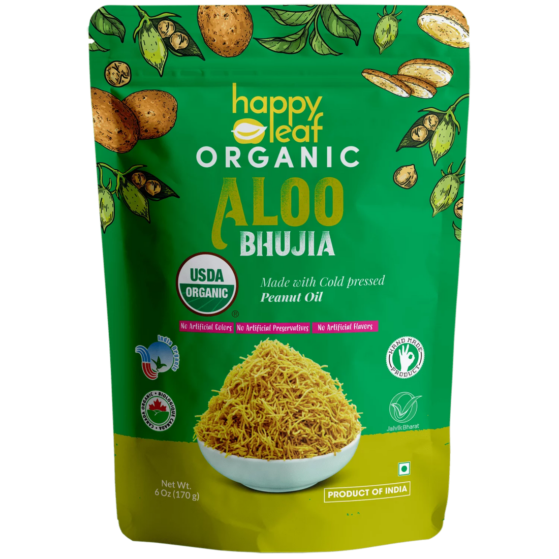 Bhujia | Aloo Bhujia (Made With Cold Pressed Peanut Oil) – USDA Organic – No Artificial, Flavours, Color & No Artificial Preservatives – Happy Leaf – 170gm