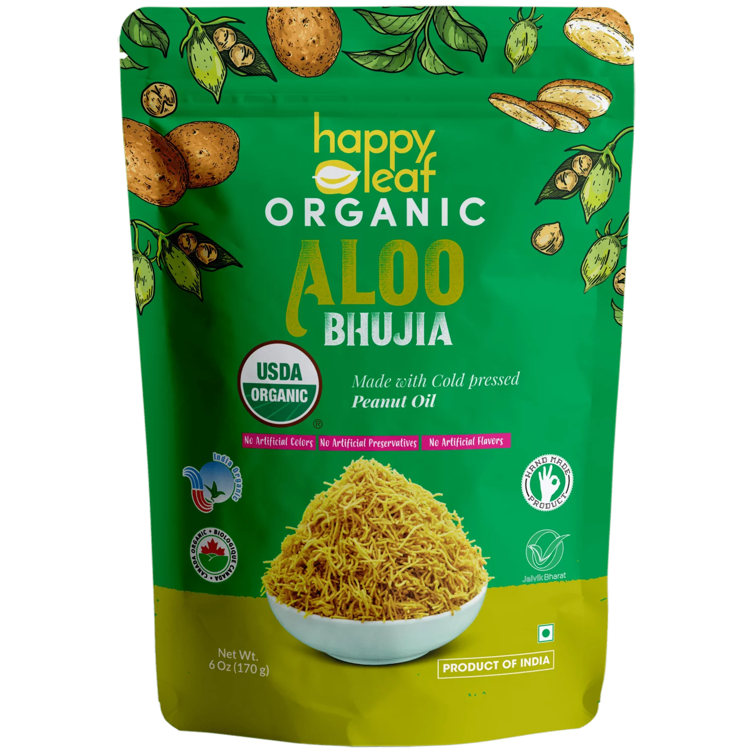 Bhujia | Aloo Bhujia (Made With Cold Pressed Peanut Oil) – USDA Organic – No Artificial, Flavours, Color &amp;amp; No Artificial Preservatives – Happy Leaf – 170gm