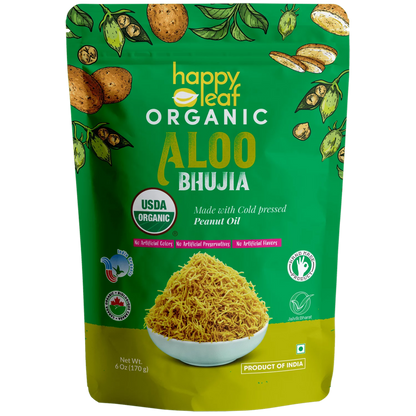 Bhujia | Aloo Bhujia (Made With Cold Pressed Peanut Oil) – USDA Organic – No Artificial, Flavours, Color &amp;amp; No Artificial Preservatives – Happy Leaf – 170gm