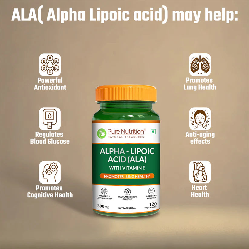 Alpha – Lipoic Acid (ALA) | ALA Supplement (With Vitamin E) – Regulates Blood Glucose – Lung Health – Powerful Antioxidant Support For Overall Wellness – Pure Nutrition – 120 Capsules