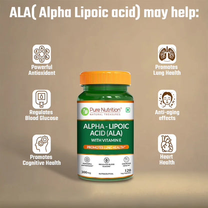Alpha – Lipoic Acid (ALA) | ALA Supplement (With Vitamin E) – Regulates Blood Glucose – Lung Health – Powerful Antioxidant Support For Overall Wellness – Pure Nutrition – 120 Capsules