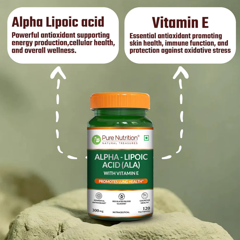 Alpha – Lipoic Acid (ALA) | ALA Supplement (With Vitamin E) – Regulates Blood Glucose – Lung Health – Powerful Antioxidant Support For Overall Wellness – Pure Nutrition – 120 Capsules